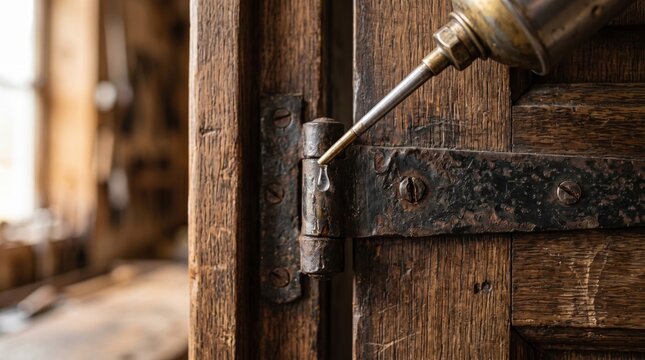 Close-up of a hand applying lubricant to a traditional metal door hinge, representing door maintenance, hardware repair, home improvement and preventing squeaking