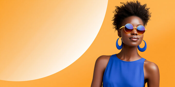 African American woman wearing blue dress and sunglasses poses against a vibrant orange background with a large circular shape, showcasing a modern fashion aesthetic