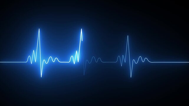 Glowing blue heart beat line showing a medical pulse rhythm on a dark background