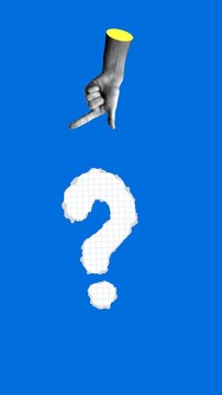 Halftone hand points to a question mark. FAQ. Ask questions and get answers. Problem and solution concept. Quiz. Collage animation. Vertical video