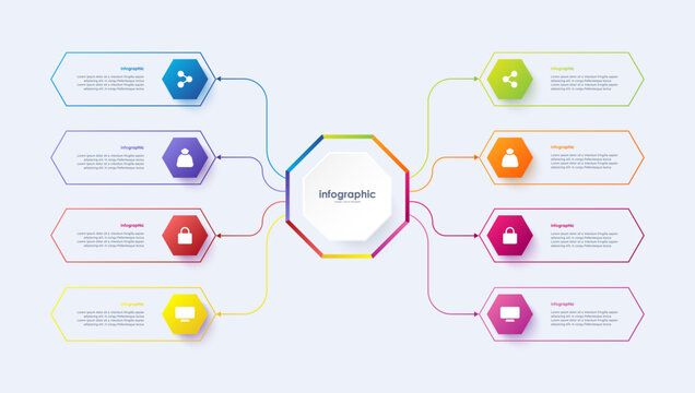 Vector infographic label design with infographic template featuring 8 hexagonal elements, options or steps. Vector template for process diagrams, presentations and workflows