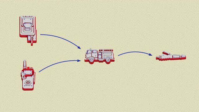 Alarm activation and radio dispatch converge to mobilize apparatus and establish a hose line for fire containment. Flat 3D style with smooth matte surfaces.
