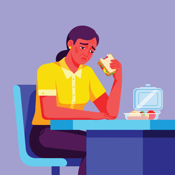 Woman looking sad, holding a bitten sandwich, beside lunchbox