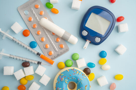 Diabetes with digital blood glucose measure with sugar.