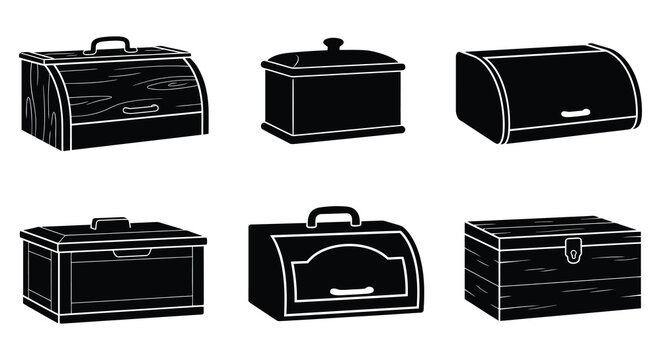 Assorted bread boxes in black vector silhouettes against a white background