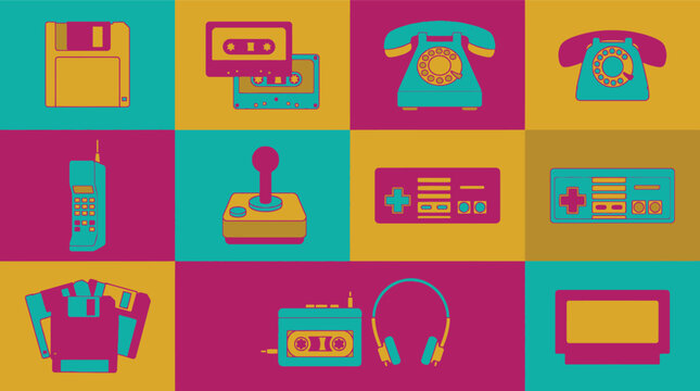 Retro vintage technology icons set with cassette tape and telephone flat vector illustration
