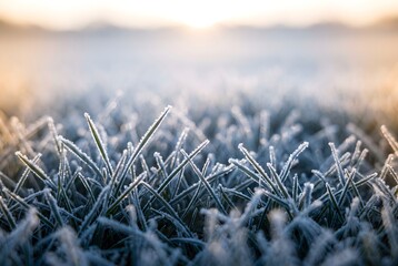 Obraz premium Extreme macro photograph of golf course grass blades coated in fine white frost crystals at sunrise, delicate ice formations outlining the edge of each blade in crisp detail.