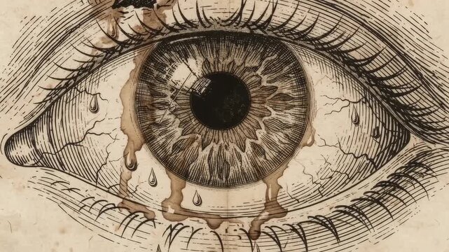 Gray's Anatomy-style scientific illustration of the human eye showing common injury points (cornea abrasion, foreign body, chemical exposure) with fine engraved linework, aged paper texture background