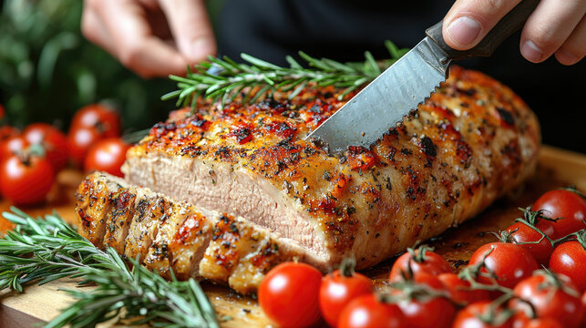Slicing Roasted Pork Loin with Cherry Tomatoes and Rosemary - Delicious Home-Cooked Meal