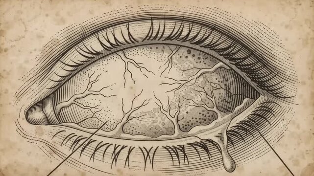 Gray's Anatomy-style scientific illustration of the human eye showing common injury points (cornea abrasion, foreign body, chemical exposure) with fine engraved linework
