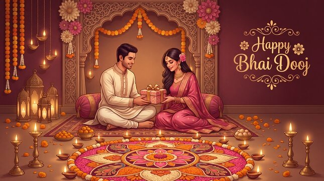 Happy bhai dooj celebration design with brother and sister exchanging gifts