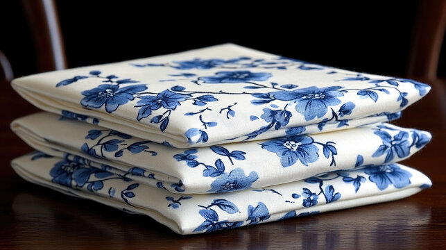 Stack of three folded floral fabric napkins with blue flowers on a wooden table, elegant table setting detail.