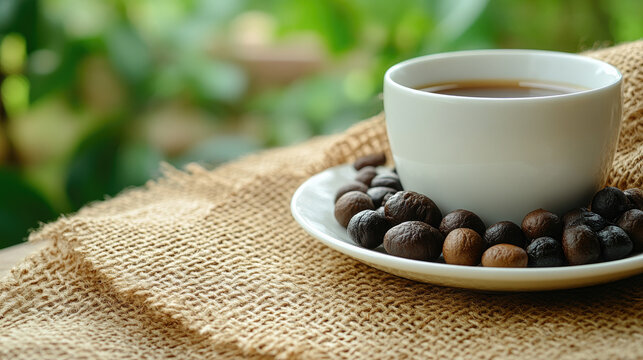 Steaming Cup of Coffee on Burlap with Coffee Beans and Blurred Greenery Background, Morning Refreshment