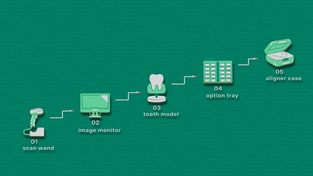 Digital orthodontic records progress from intraoral capture through model comparison, option selection and clinical case review. Flat 3D style with smooth matte surfaces; objects numbered and labelled