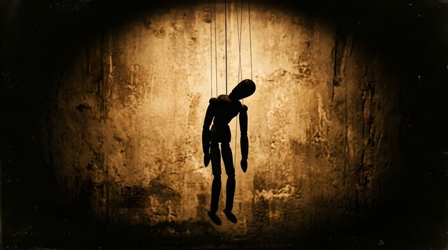 Silhouette of a marionette puppet casting shadow on wall