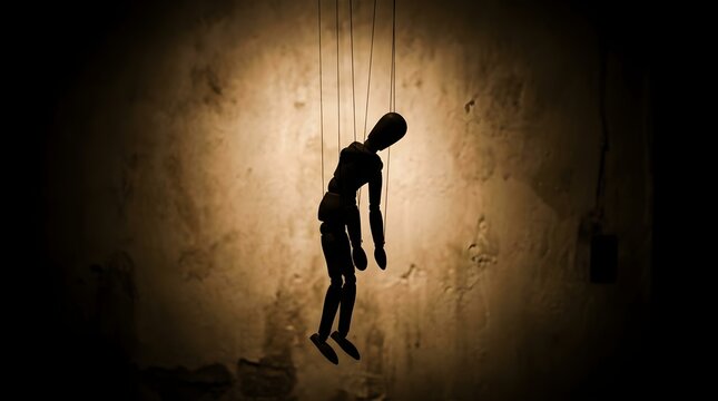 Silhouette of a marionette puppet casting shadow on wall