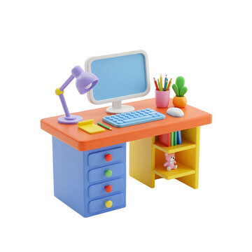 Modern workspace desk with computer monitor and desk lamp. Colorful 3D illustration featuring office supplies and storage drawers for remote work