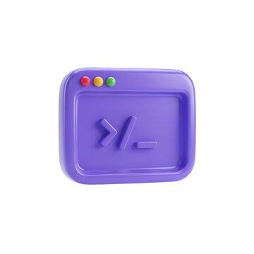 Software development terminal window 3D icon. Featuring coding command prompt symbol. Purple browser interface for programming and software engineering
