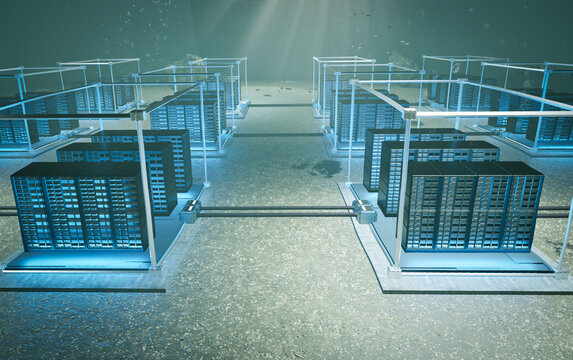 Underwater data center on ocean floor with server racks and cooling technology