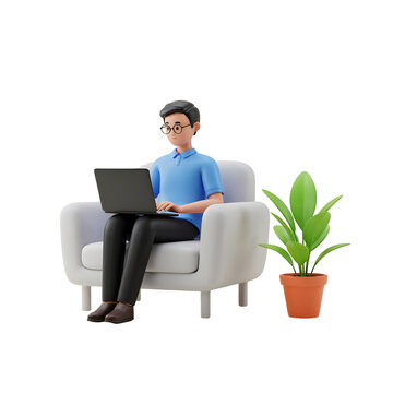 Young man sitting on armchair using laptop computer. 3D character illustration. Concept of remote work and digital nomad lifestyle in modern office