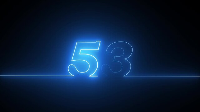 Glowing neon blue number fifty three with a single continuous line on a dark background