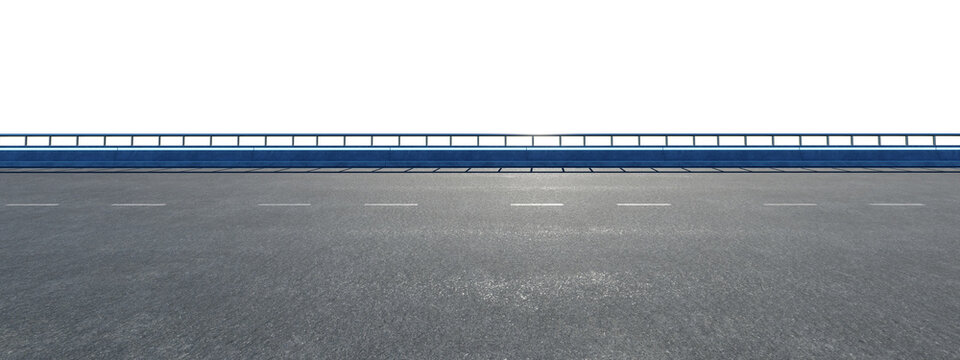 3d rendering asphalt road with blue railing on transparent background