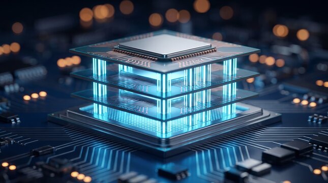 Modern stacked microprocessor chip featuring glowing blue neon light connections, intricate metallic circuitry, and silver components for advanced computing technology systems