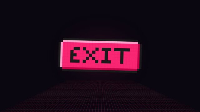 Retro Pixel Art Exit Button Animation with Clicking Cursor on Pink Neon Grid