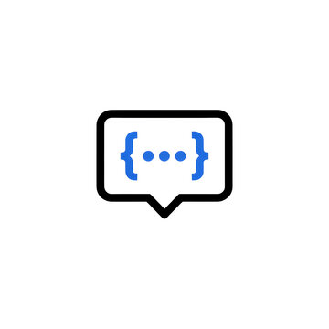Coding and programming chat bubble icon. Featuring brackets and ellipsis for software development technical support and developer communication