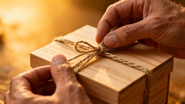 Close-up of male hands gently tying a string around a small wooden gift box with warm sunset light in the background
