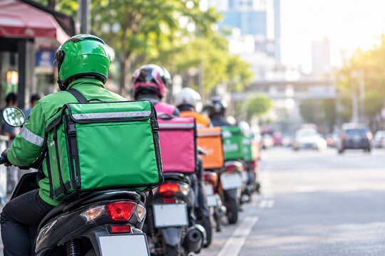 AI generated food delivery riders waiting motorcycles along busy city street showing modern courier service urban mobility last mile logistics