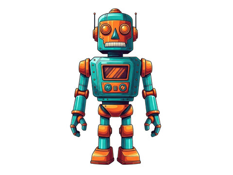 Vintage retro robot toy, teal and orange mechanical tin robot, classic science fiction android character isolated on white background