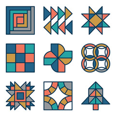 Obraz premium Set of nine colorful geometric quilt pattern designs.