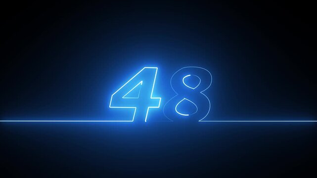 Number forty eight created with a single continuous glowing blue neon light line