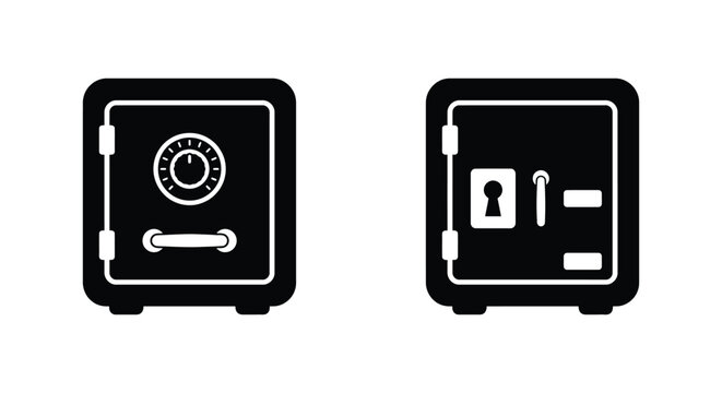 Safes with combination dial and keyhole are depicted as black silhouettes