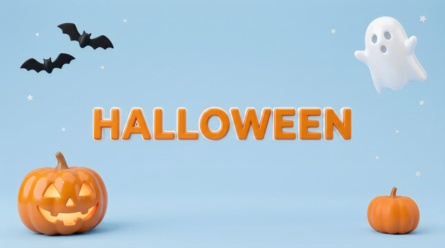 Festive seasonal banner featuring creative halloween 3d typography with carved pumpkins bats and a cute ghost character