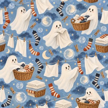 Friendly Ghost Laundry Night Seamless Pattern