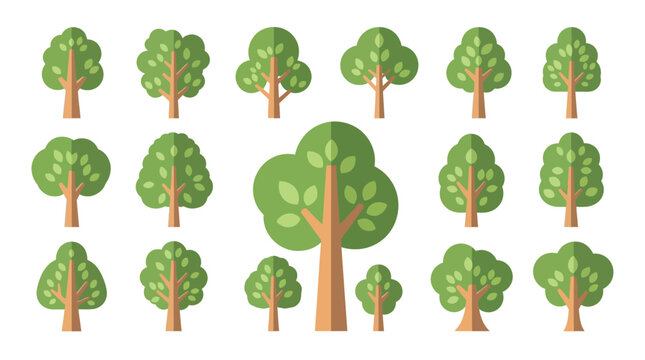 Collection of stylized trees presented as a vector illustration on a white background