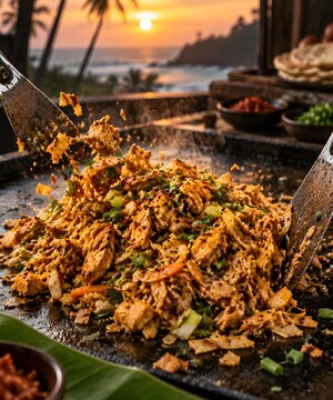 Traditional kothu parotta street food cooking on a hot griddle, spicy chopped flatbread with vegetables, tropical sunset beach background