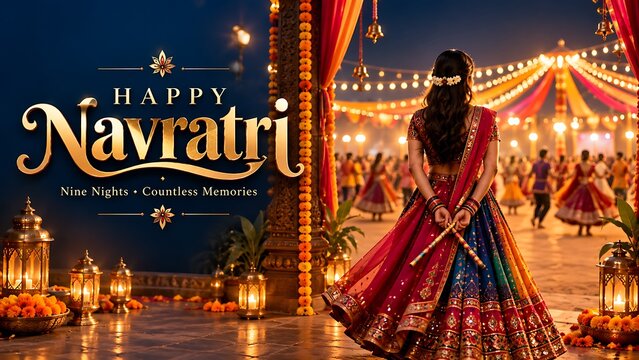 Woman dancing garba in traditional dress during navratri celebration with navratri