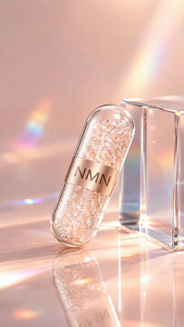 A clear capsule labeled NMN is placed beside a glass cube. The setting has a light background featuring rainbow reflections. The scene suggests health and wellness products