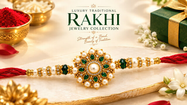 Traditional Indian Rakhi Bracelet with Gold Centerpiece and Pearl Details
