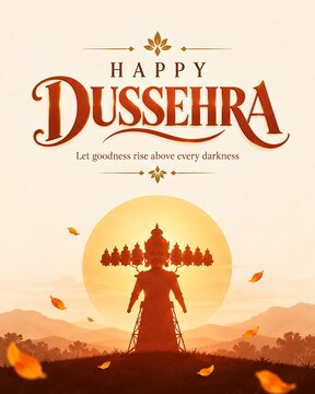 Happy dussehra celebration background with silhouette of ravana against sun