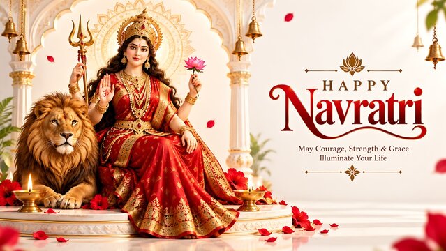 Happy navratri festive banner featuring goddess durga with lion and traditional elements