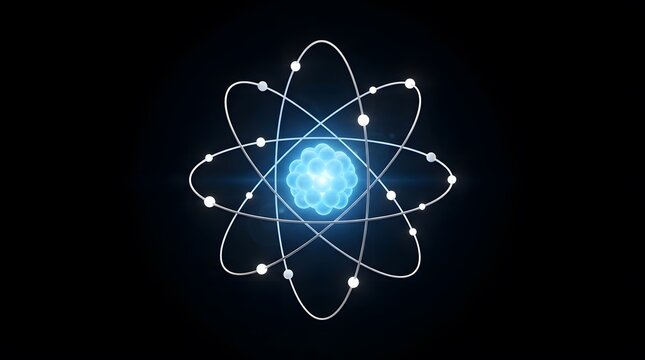 Glowing atomic structure with orbiting electrons on a black background