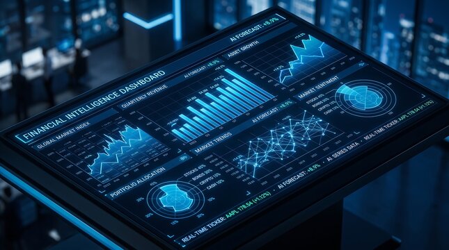 Digital financial dashboard displaying real-time market data analytics on a glowing touch screen