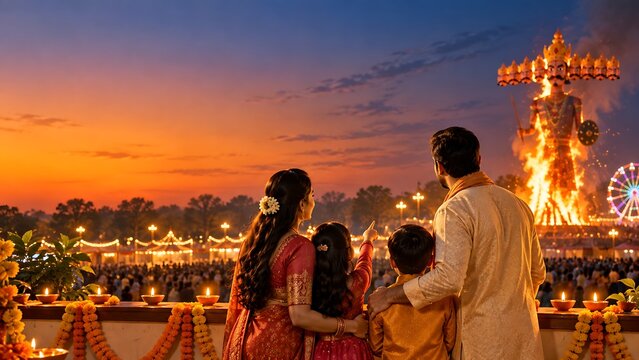 Family watching the burning effigy of ravana during the dussehra festival with dussehra
