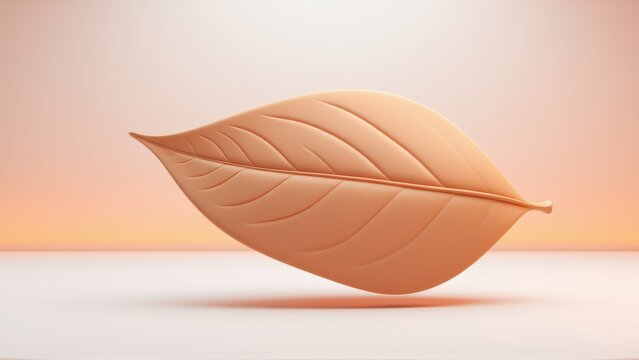 Single leaf floats above surface. Soft lighting creates warm, minimalist aesthetic. Smooth texture, gentle curves define form.