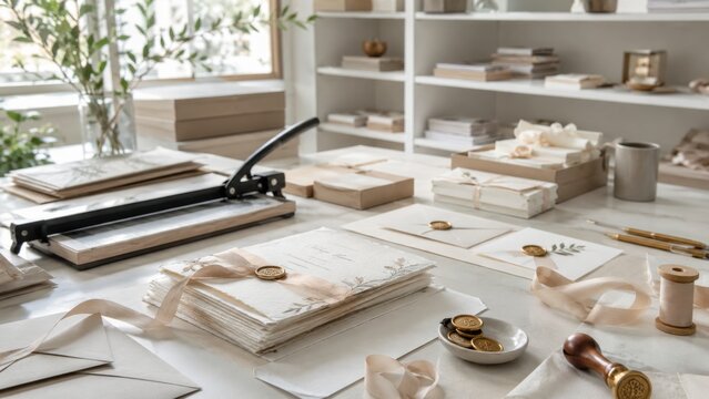 Table with beautiful stationery and craft supplies set up for a wedding invitation design at a modern studio