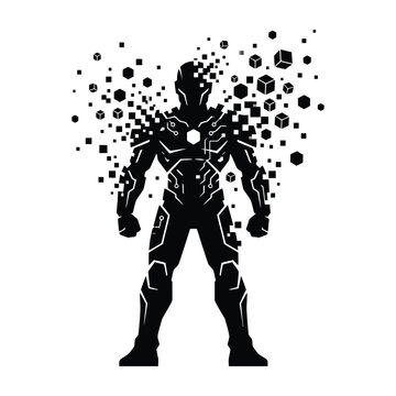 Silhouette of a human figure disintegrating into geometric shapes